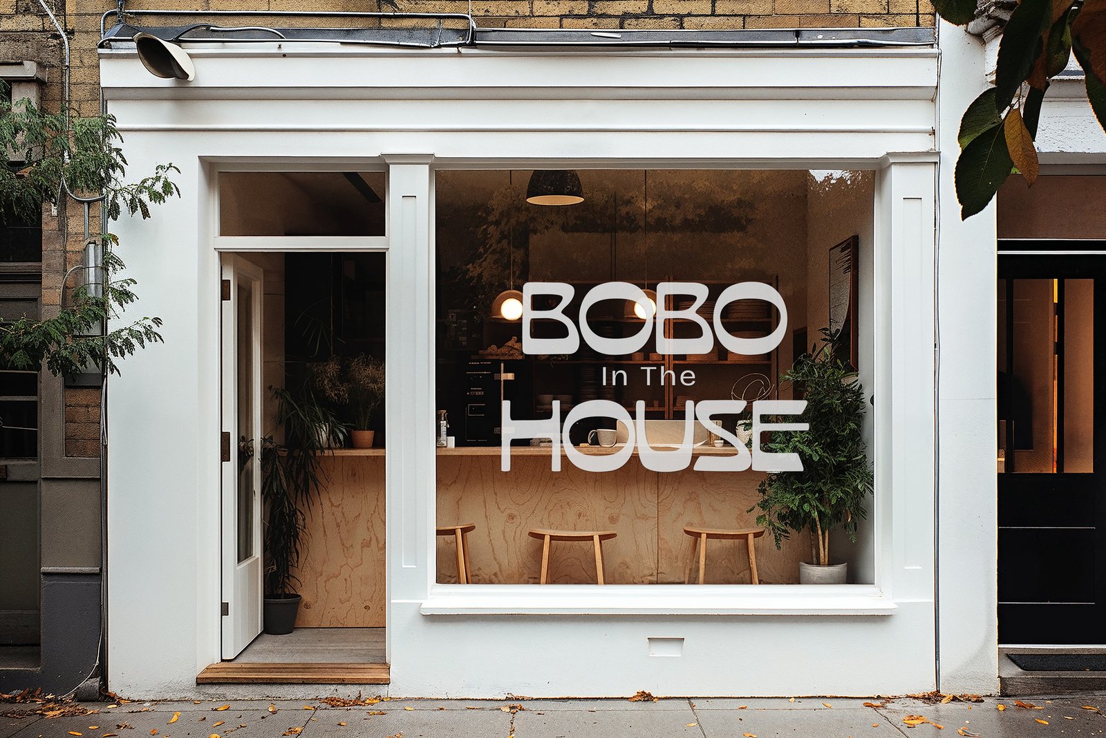 BOBO in the House storefront with logo applied to the café window.