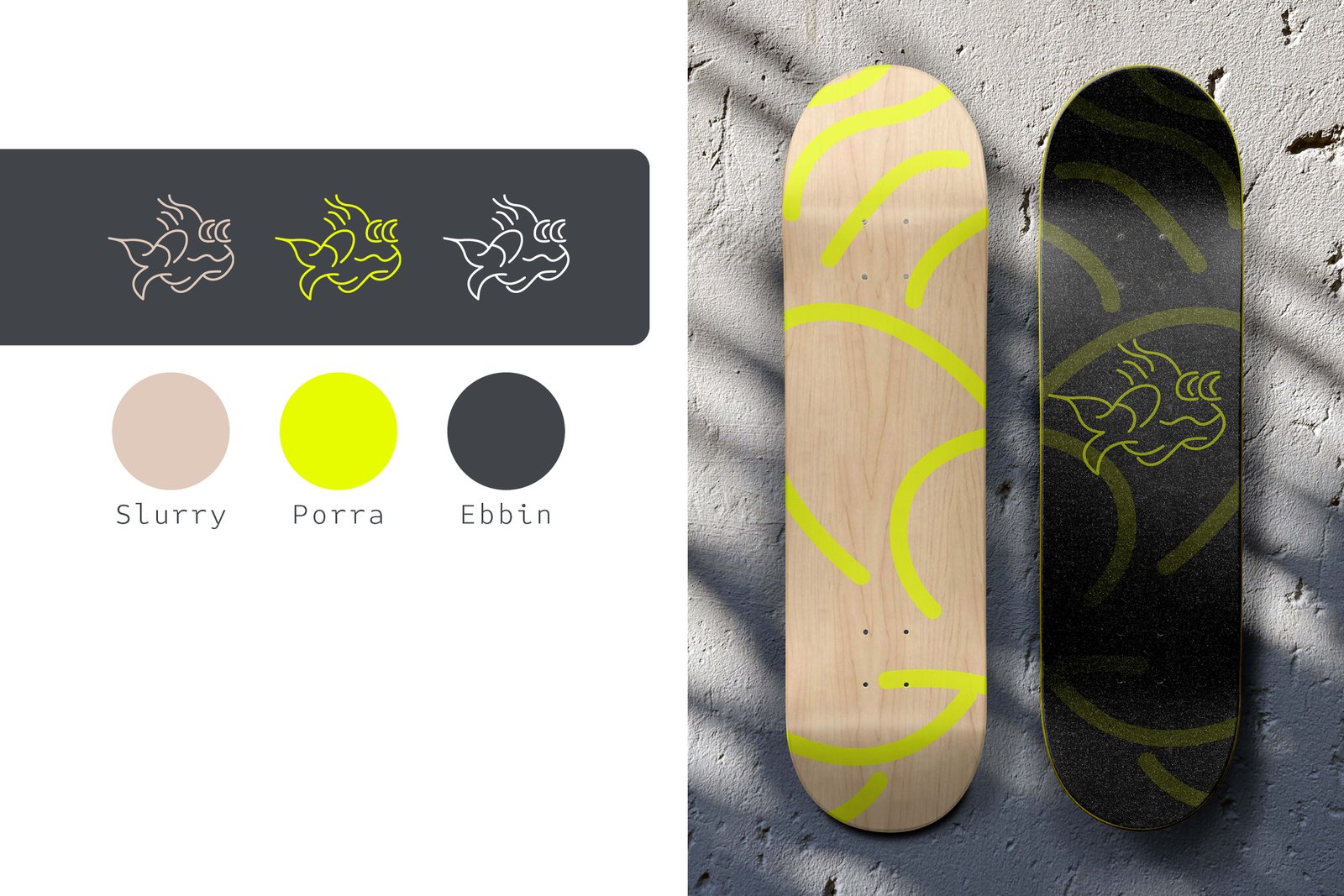 Durvis identity system showing logo variations and the Slurry, Porra, and Ebbin color palette alongside two skateboard deck applications.