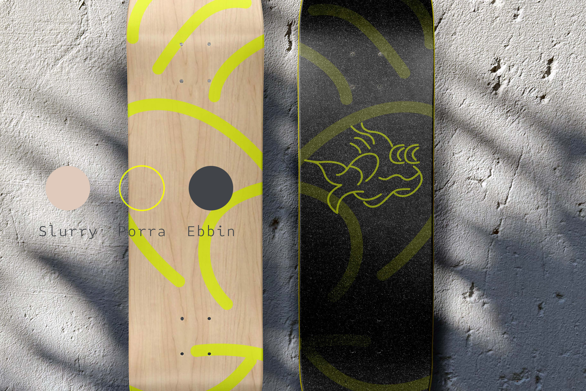 Durvis branding applied to skateboard decks with logo and pattern variations