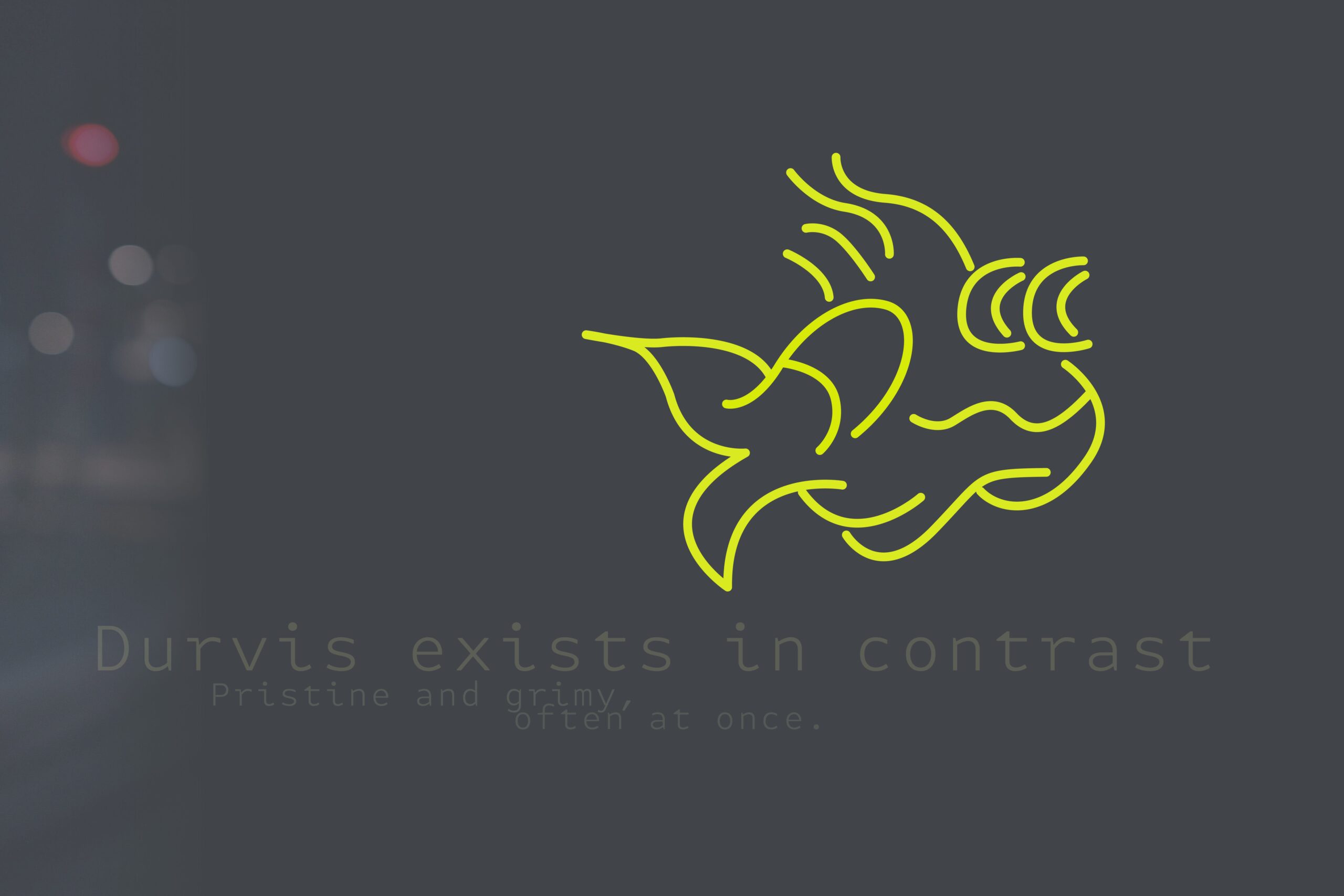 Durvis concept identity exploring contrast between pristine and grimy environments through fluorescent mark and atmospheric composition.