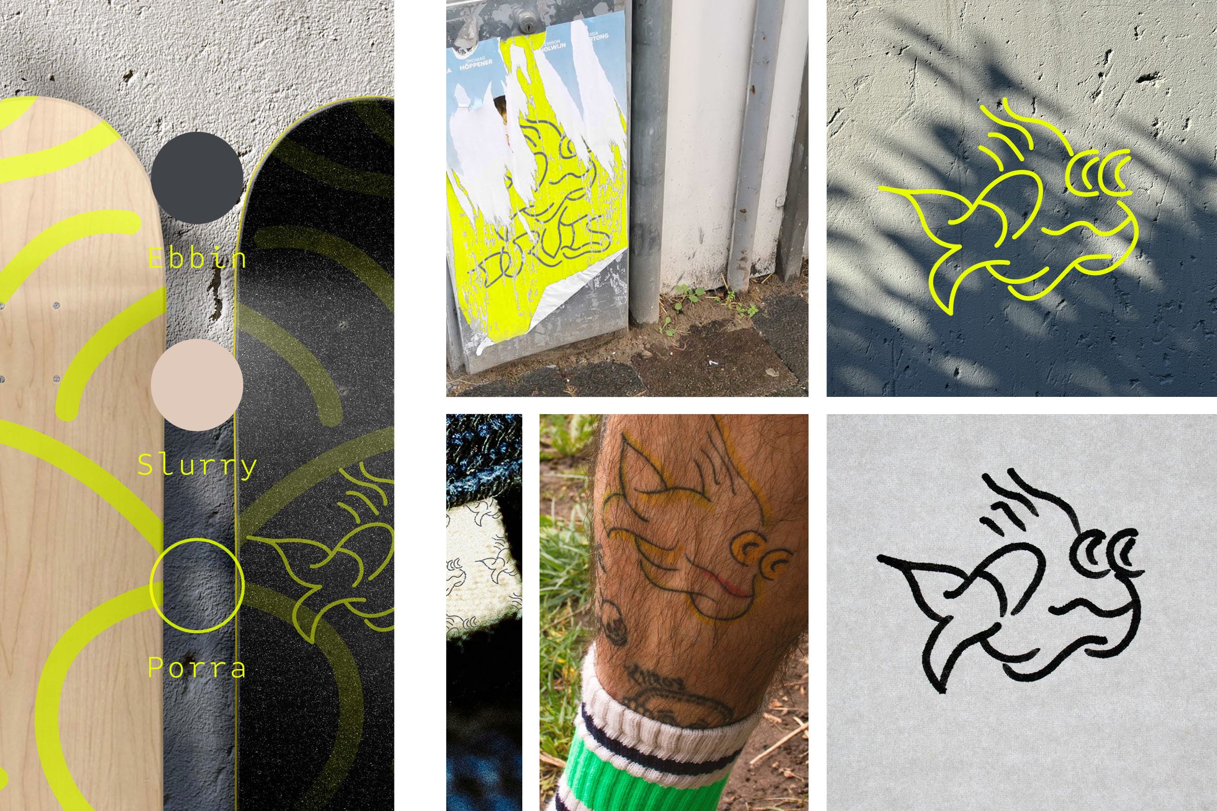 Durvis identity applied across skateboard graphics, street posters, environmental graphics, and tattoo