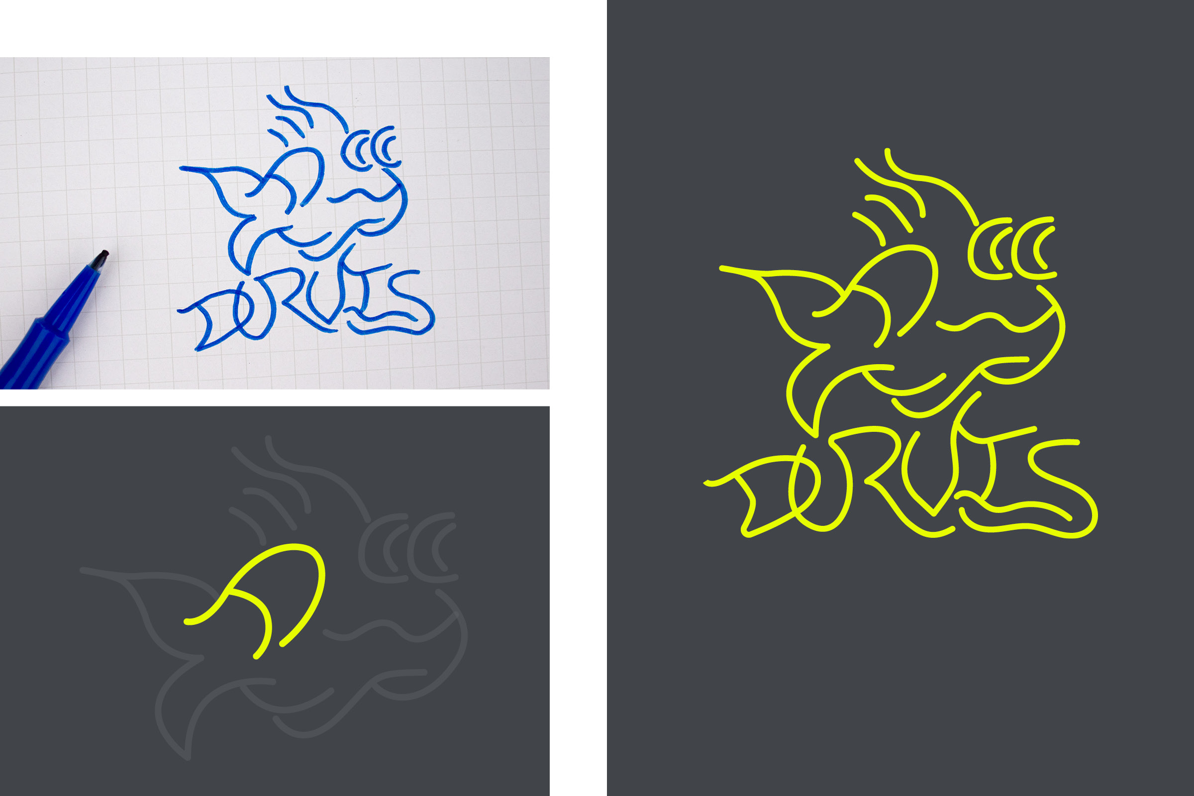 Durvis identity development showing original pen sketch and finished graphic mark