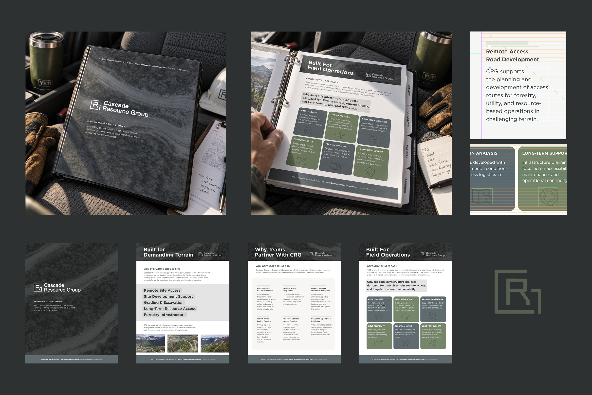 Cascade Resource Group editorial brochure design showing field mockups, page layouts, and baseline grid system, dark background.