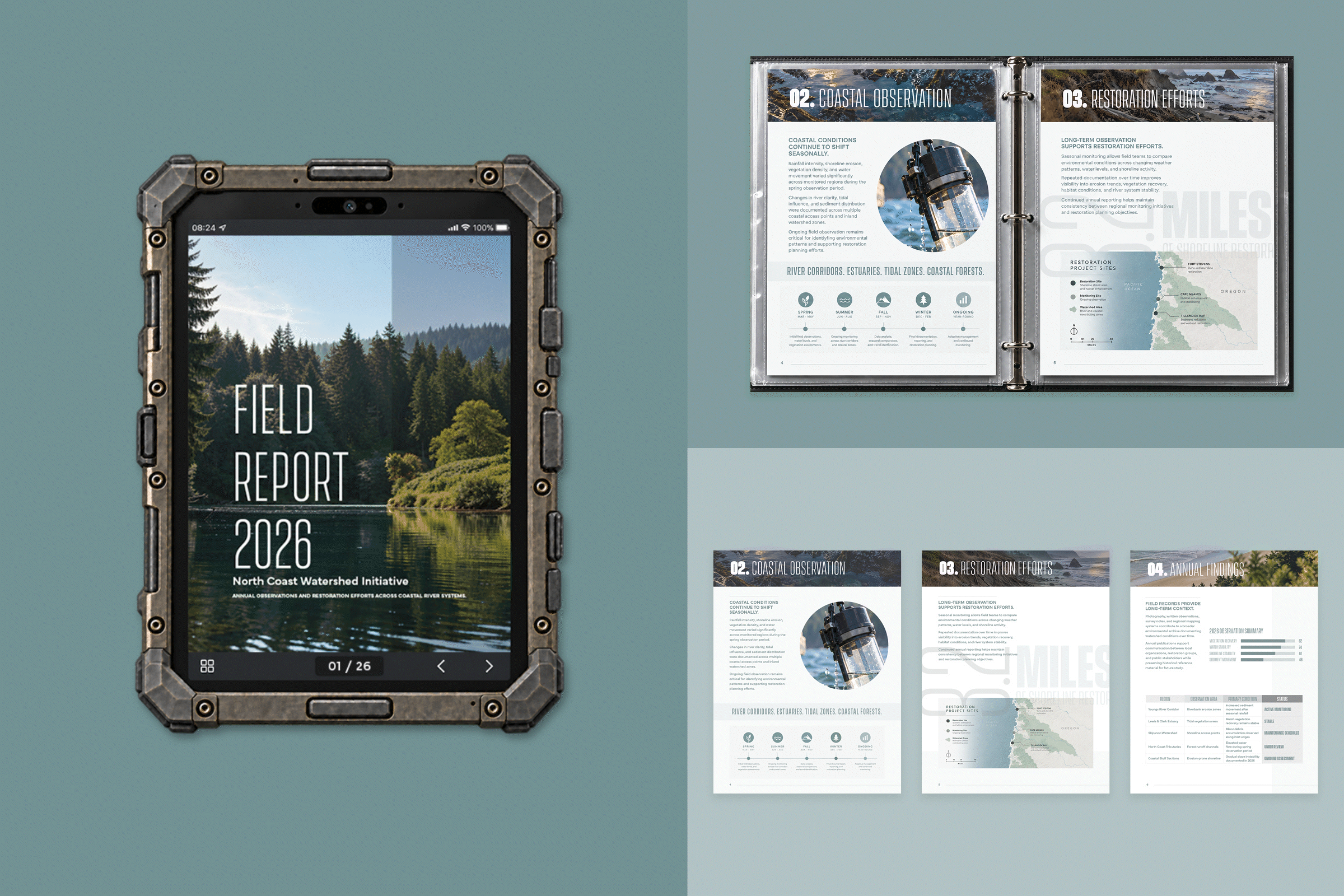 Animated Watershed field report showing editorial layouts across tablet, binder and printed page formats